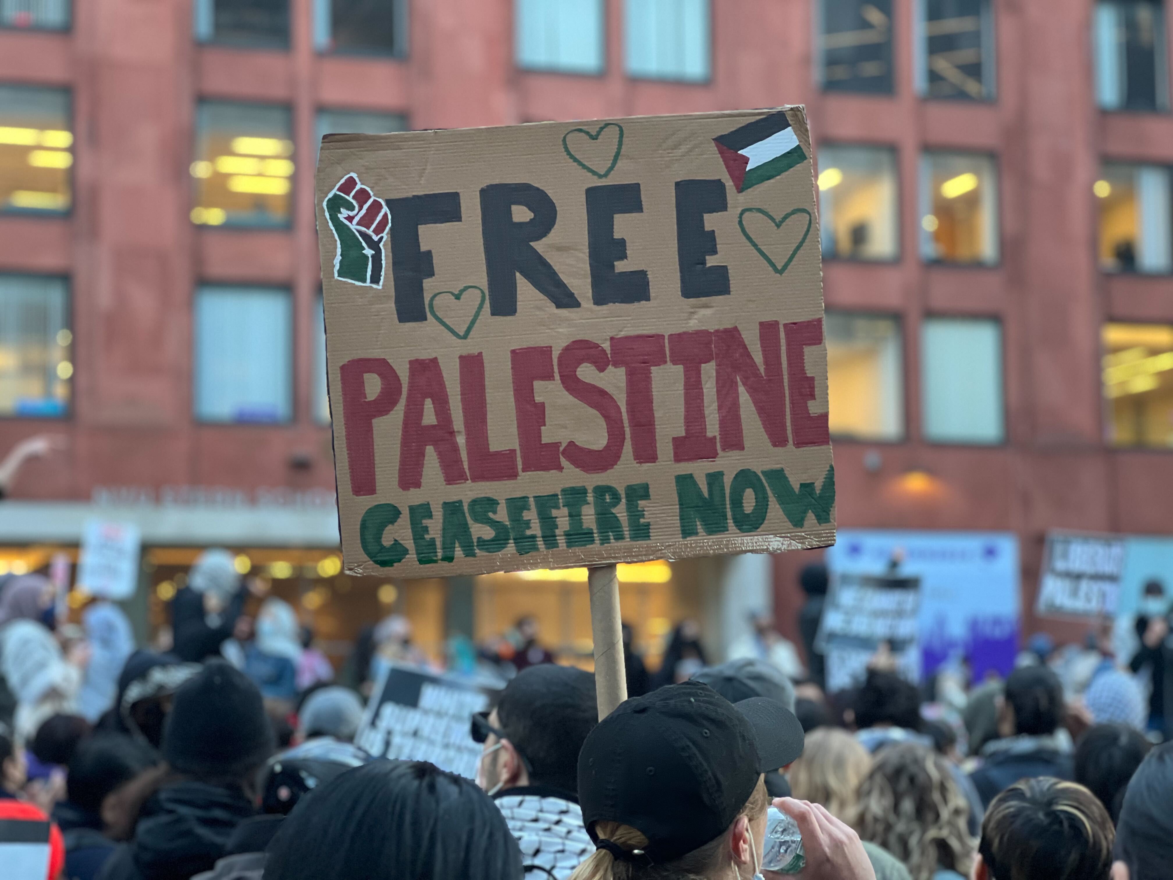 A sign held during a demonstration at NYU on Monday, April 22 2024.