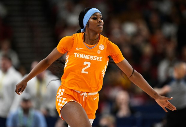 Tennessee's Rickea Jackson celebrates a three-point basket against South Carolina on March 9, 2024. (Photo by Eakin Howard/Getty Images)