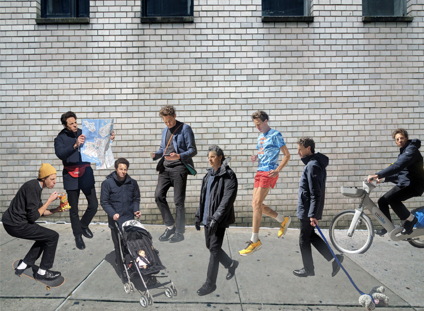 Digital producer James Ramsay as a dog walker, parent, teenager and tourist walking on the sidewalk.