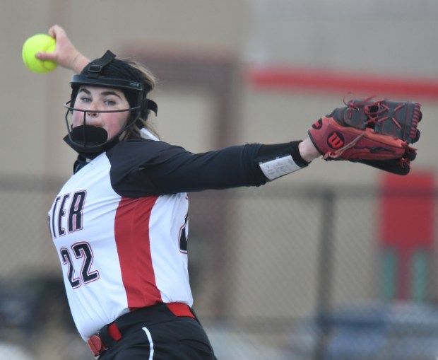 Munster pitcher Emily Siurek throws against Hobart at home Monday May 10, 2021. (Andy Lavalley/Post-Tribune)