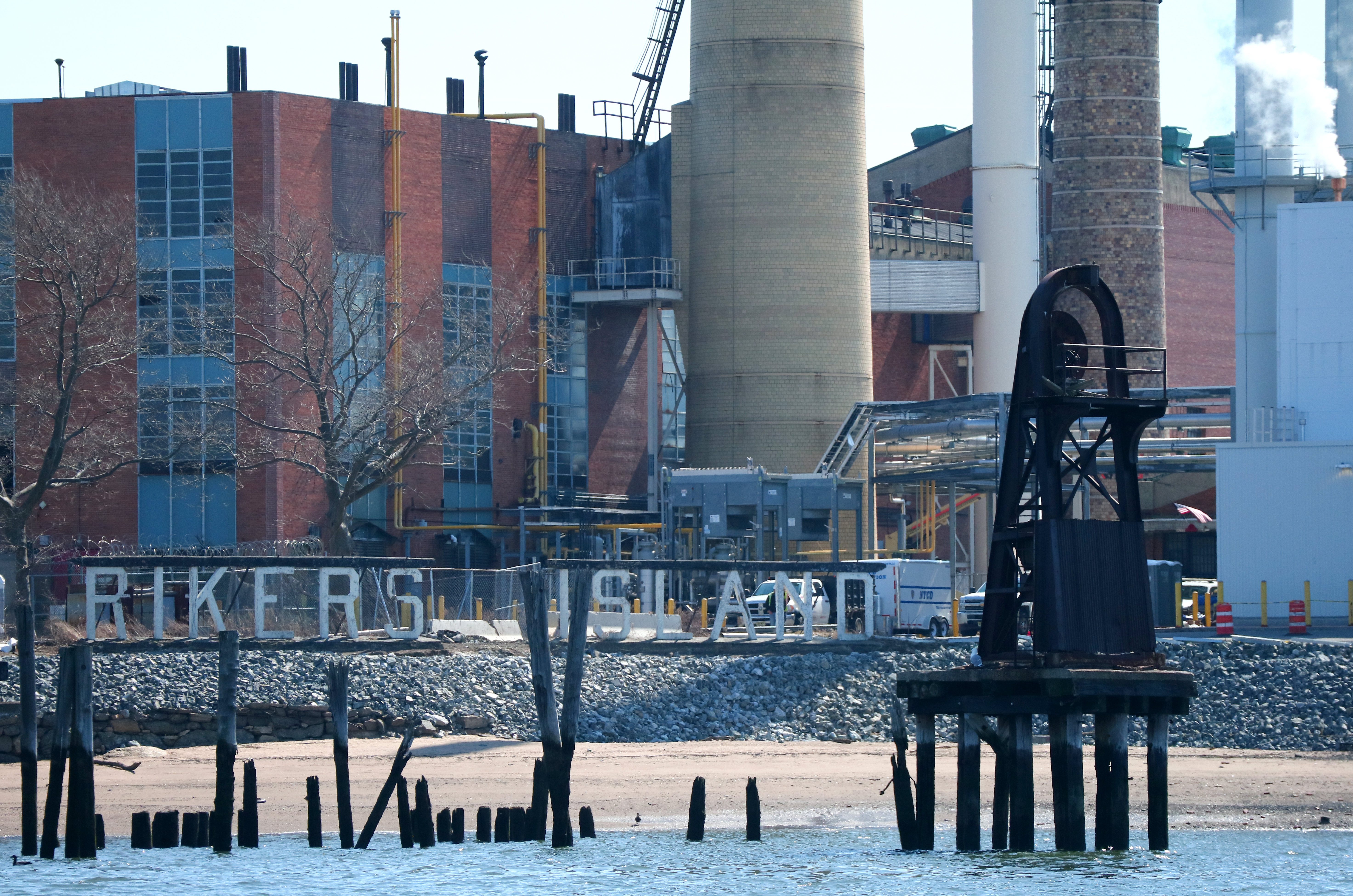 A sign marks the location of the Rikers Correctional Center in the East River on March 9, 2021 in New York City.