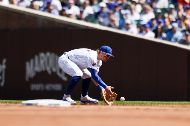 Chicago Cubs second base Nico Hoerner (2) fields a ground ball during the second inning against the Milwaukee Brewers at Wrigley Field on May 5, 2024. (Eileen T. Meslar/Chicago Tribune)