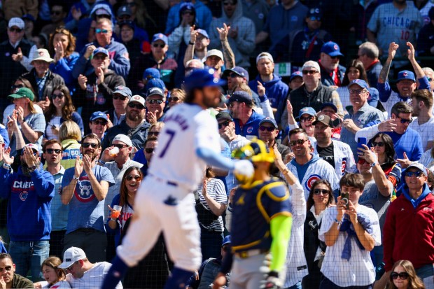 Chicago Cubs fans celebrate as shortstop Dansby Swanson (7) runs to home plate after hitting a solo home run during the sixth inning against the Milwaukee Brewers at Wrigley Field on May 5, 2024. (Eileen T. Meslar/Chicago Tribune)