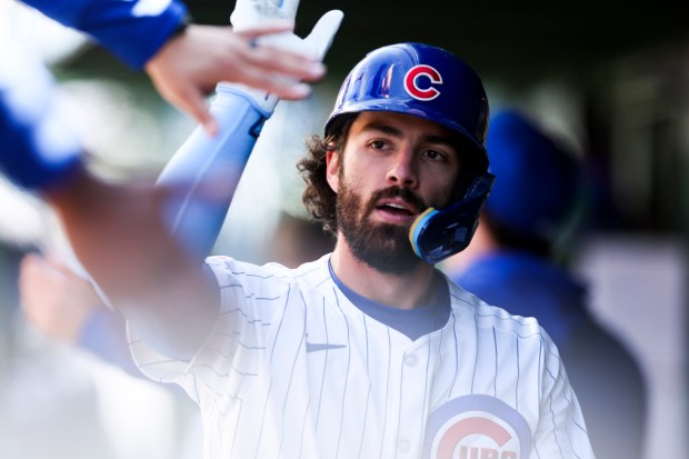 Chicago Cubs Dansby Swanson (7) celebrates in the dugout after hitting a solo home run during the sixth inning against the Milwaukee Brewers at Wrigley Field on May 5, 2024. (Eileen T. Meslar/Chicago Tribune)