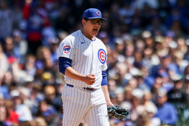 Chicago Cubs pitcher Javier Assad (72) celebrates after getting a strikeout to end the top of the fifth inning against the Milwaukee Brewers at Wrigley Field on May 5, 2024. (Eileen T. Meslar/Chicago Tribune)