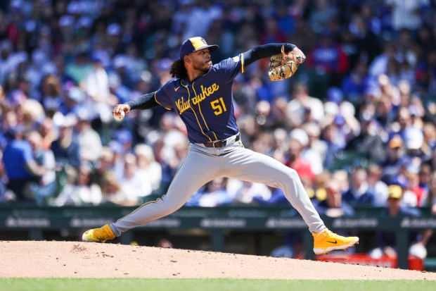 Milwaukee Brewers pitcher Freddy Peralta (51) pitches during the second inning against the Chicago Cubs at Wrigley Field on May 5, 2024. (Eileen T. Meslar/Chicago Tribune)
