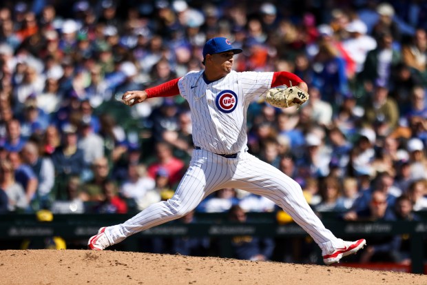 Chicago Cubs pitcher Daniel Palencia (48) pitches during the ninth inning against the Milwaukee Brewers at Wrigley Field on May 5, 2024. (Eileen T. Meslar/Chicago Tribune)
