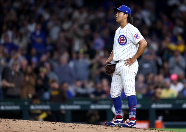 Chicago Cubs pitcher Shota Imanaga (18) stands on the mound after giving up a 2-run home run to San Diego Padres outfielder Jurickson Profar (10) in the 8th inning of a game at Wrigley Field in Chicago on May 7, 2024. (Chris Sweda/Chicago Tribune)