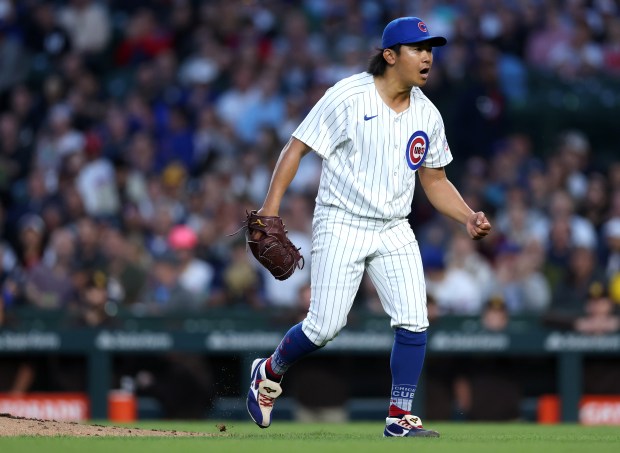 Chicago Cubs starting pitcher Shota Imanaga celebrates after the getting the final out in the top of the fifth inning of a game against the San Diego Padres at Wrigley Field in Chicago on May 7, 2024. (Chris Sweda/Chicago Tribune)