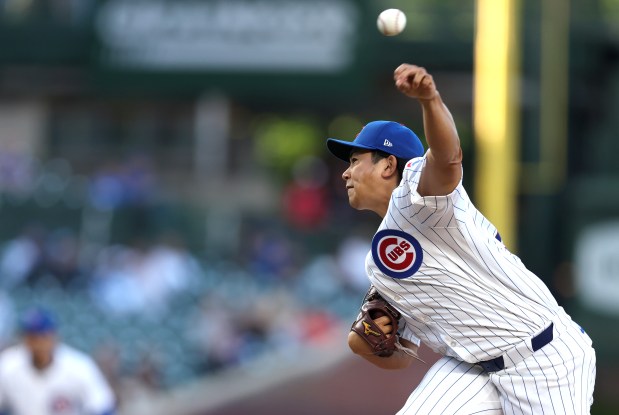 Chicago Cubs starting pitcher Shota Imanaga delivers to the San Diego Padres in the first inning of a game at Wrigley Field in Chicago on May 7, 2024. (Chris Sweda/Chicago Tribune)