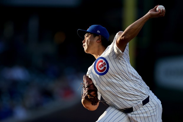 Chicago Cubs starting pitcher Shota Imanaga delivers to the San Diego Padres in the second inning of a game at Wrigley Field in Chicago on May 7, 2024. (Chris Sweda/Chicago Tribune)