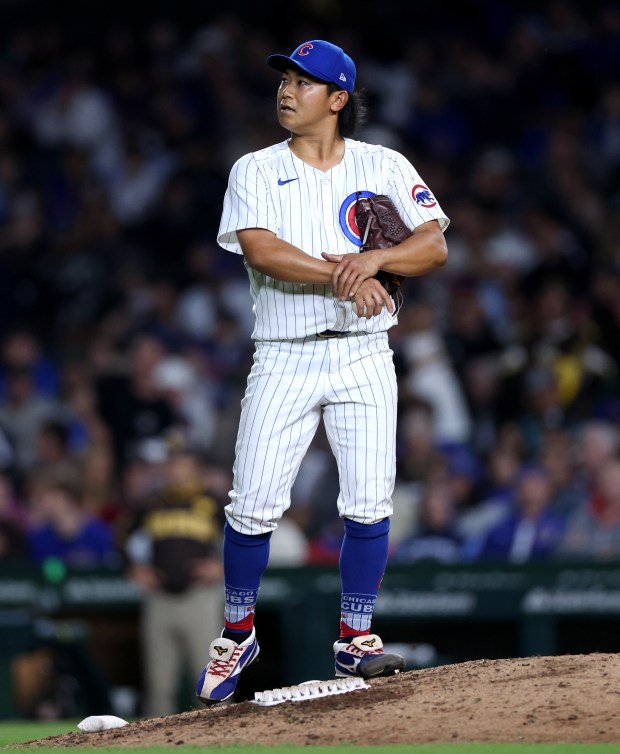 Chicago Cubs pitcher Shota Imanaga (18) stands on the mound after giving up a 2-run home run to San Diego Padres outfielder Jurickson Profar (10) in the 8th inning of a game at Wrigley Field in Chicago on May 7, 2024. (Chris Sweda/Chicago Tribune)