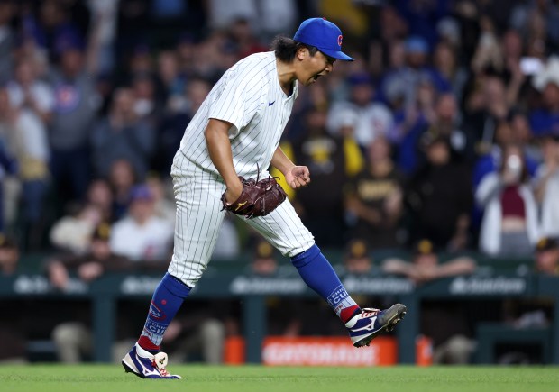 Chicago Cubs starting pitcher Shota Imanaga celebrates after getting the final out of the sixth inning against the San Diego Padres at Wrigley Field in Chicago on May 7, 2024. (Chris Sweda/Chicago Tribune)