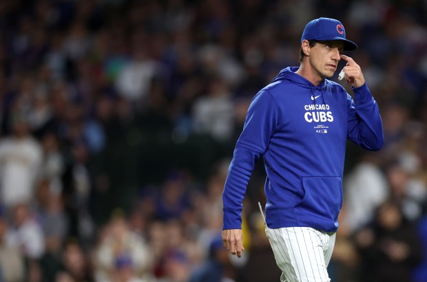 Chicago Cubs manager Craig Counsell (30) walks back to the dugout after pulling starting pitcher Shota Imanaga from the game in the 8th inning against the San Diego Padres at Wrigley Field in Chicago on May 7, 2024. (Chris Sweda/Chicago Tribune)