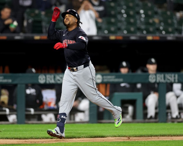 Cleveland Guardians third baseman José Ramírez (11) trots around the bases after hitting a solo home run in the 8th inning of a game against the Chicago White Sox at Guaranteed Rate Field in Chicago on May 9, 2024. (Chris Sweda/Chicago Tribune)