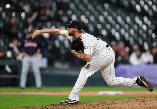 Chicago White Sox relief pitcher Michael Kopech (34) delivers to the Cleveland Guardians in the ninth inning of a game at Guaranteed Rate Field in Chicago on May 9, 2024. (Chris Sweda/Chicago Tribune)