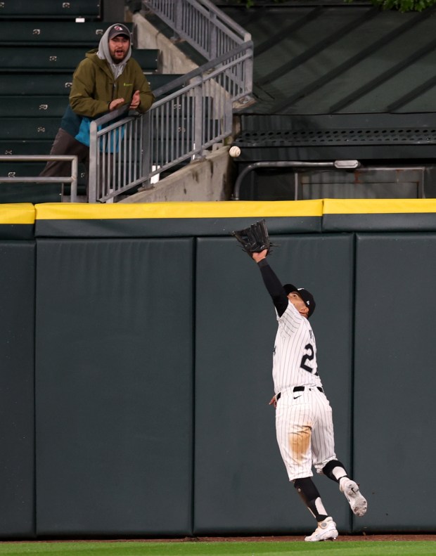 Chicago White Sox outfielder Rafael Ortega (27) catches a long fly ball hit by Cleveland Guardians outfielder Will Brennan in the ninth inning of a game at Guaranteed Rate Field in Chicago on May 9, 2024. (Chris Sweda/Chicago Tribune)