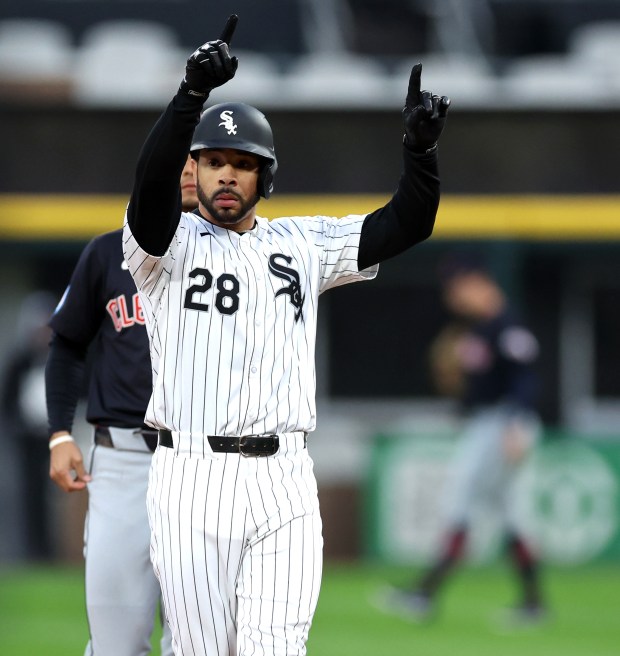 Chicago White Sox outfielder Tommy Pham (28) celebrates after his leadoff double in the first inning of a game against the Cleveland Guardians at Guaranteed Rate Field in Chicago on May 9, 2024. (Chris Sweda/Chicago Tribune)
