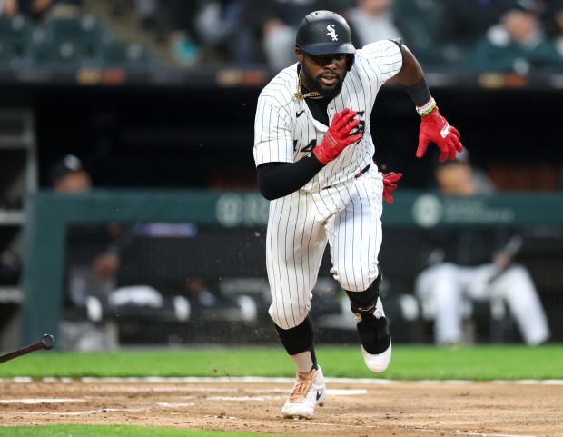 Chicago White Sox third baseman Bryan Ramos sprints out the batters box en route to his double in the second inning of a game against the Cleveland Guardians at Guaranteed Rate Field in Chicago on May 9, 2024. (Chris Sweda/Chicago Tribune)