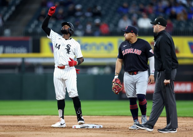 Chicago White Sox third baseman Bryan Ramos points skyward after hitting a double in the second inning of a game against the Cleveland Guardians at Guaranteed Rate Field in Chicago on May 9, 2024. (Chris Sweda/Chicago Tribune)