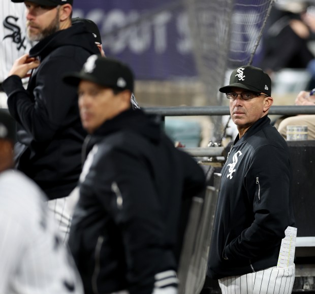 White Sox manager Pedro Grifol watches from the dugout in the sixth inning against the Guardians on May 9, 2024, at Guaranteed Rate Field. (Chris Sweda/Chicago Tribune)