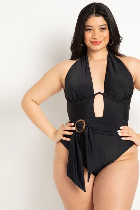 Eloquii Twist Halter Swimsuit with Underwire Detail