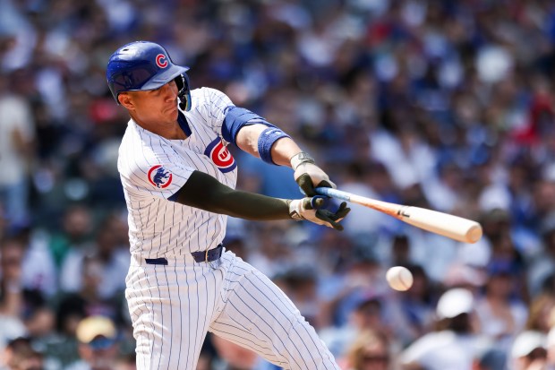 Chicago Cubs catcher Miguel Amaya (9) strikes out during the seventh inning against the Pittsburgh Pirates at Wrigley Field on May 19, 2024. (Eileen T. Meslar/Chicago Tribune)