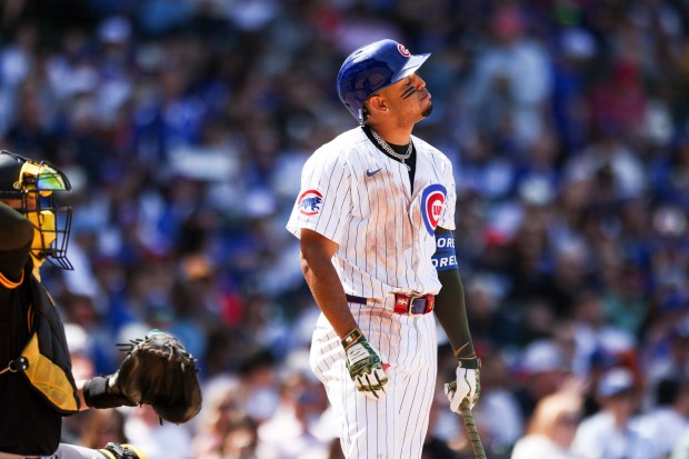 Chicago Cubs third base Christopher Morel reacts to taking a strike during the sixth inning against the Pittsburgh Pirates at Wrigley Field on May 19, 2024. (Eileen T. Meslar/Chicago Tribune)