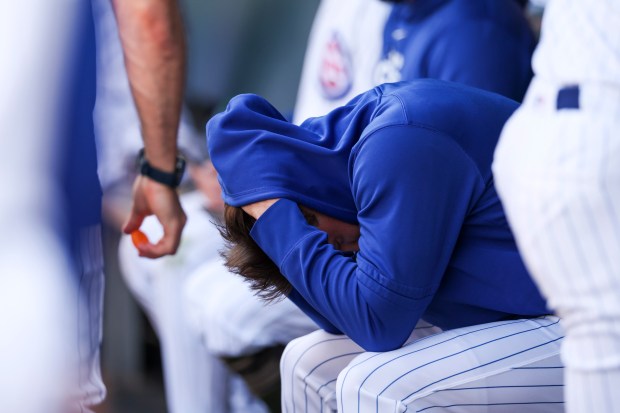 Chicago Cubs pitcher Hayden Wesneski sits in the dugout after giving up a two-run single during the fifth inning against the Pittsburgh Pirates at Wrigley Field on May 19, 2024. (Eileen T. Meslar/Chicago Tribune)