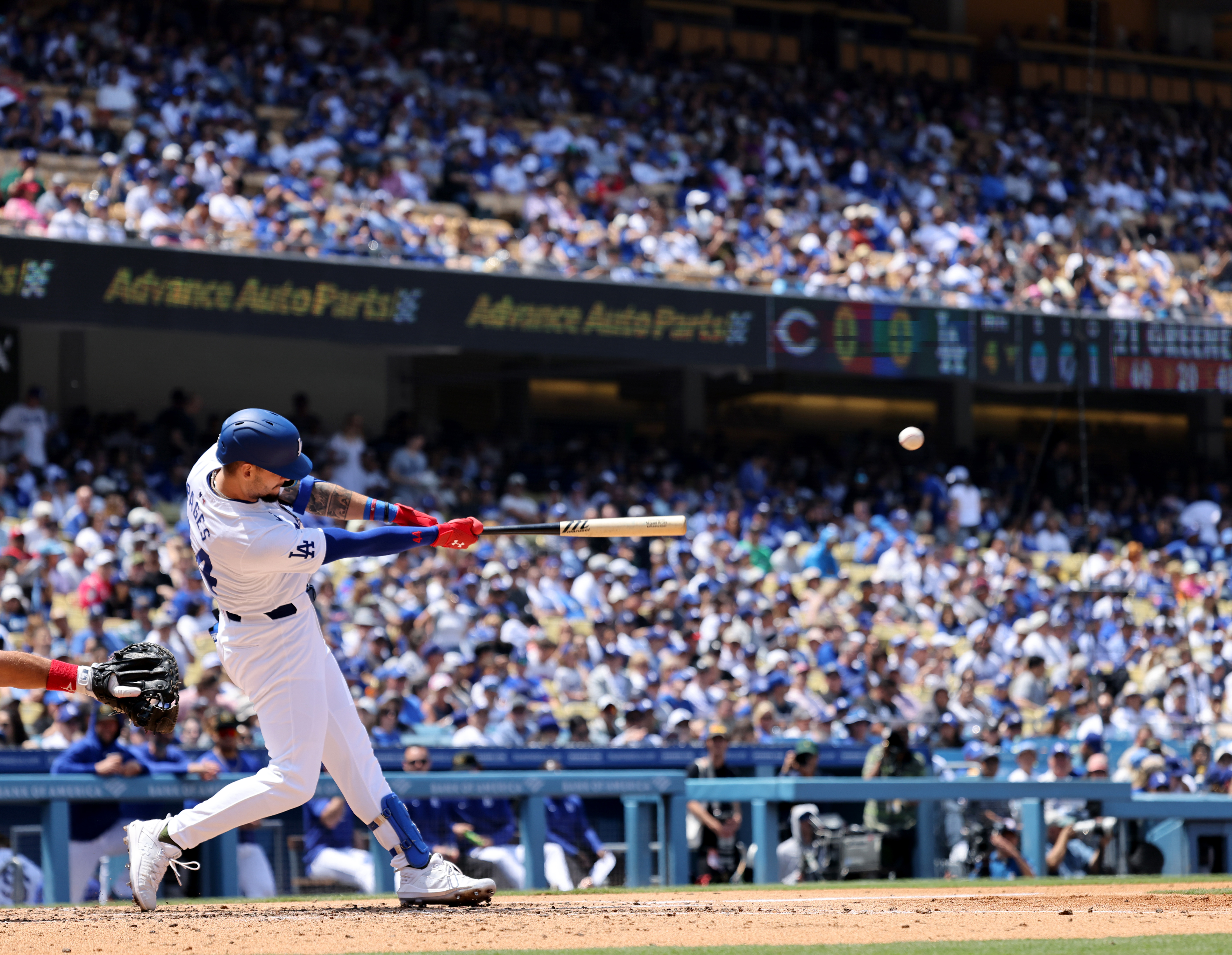 Andy Pages #44 of the Los Angeles Dodgers hits a...