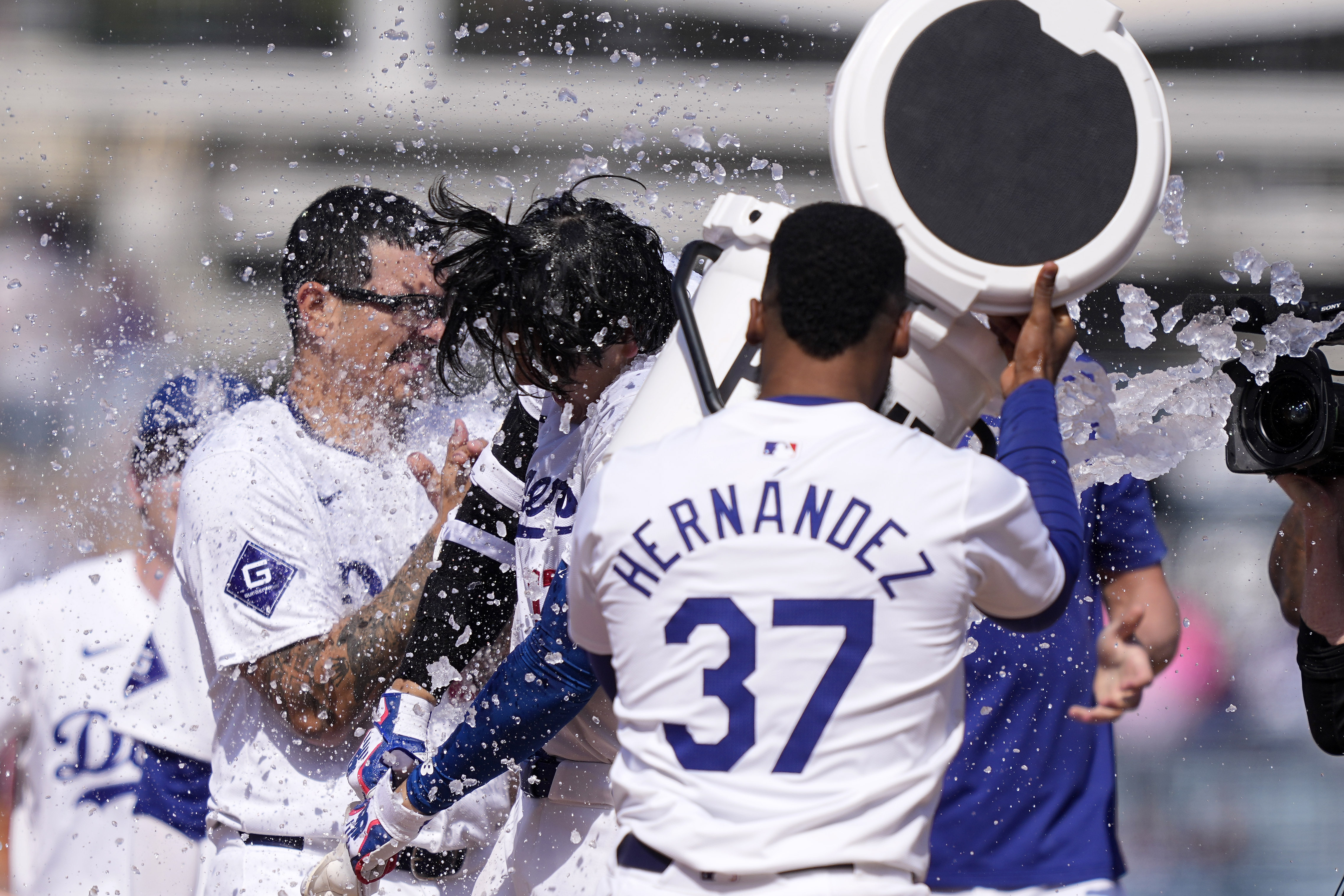 Los Angeles Dodgers’ Shohei Ohtani, second from right is hit...