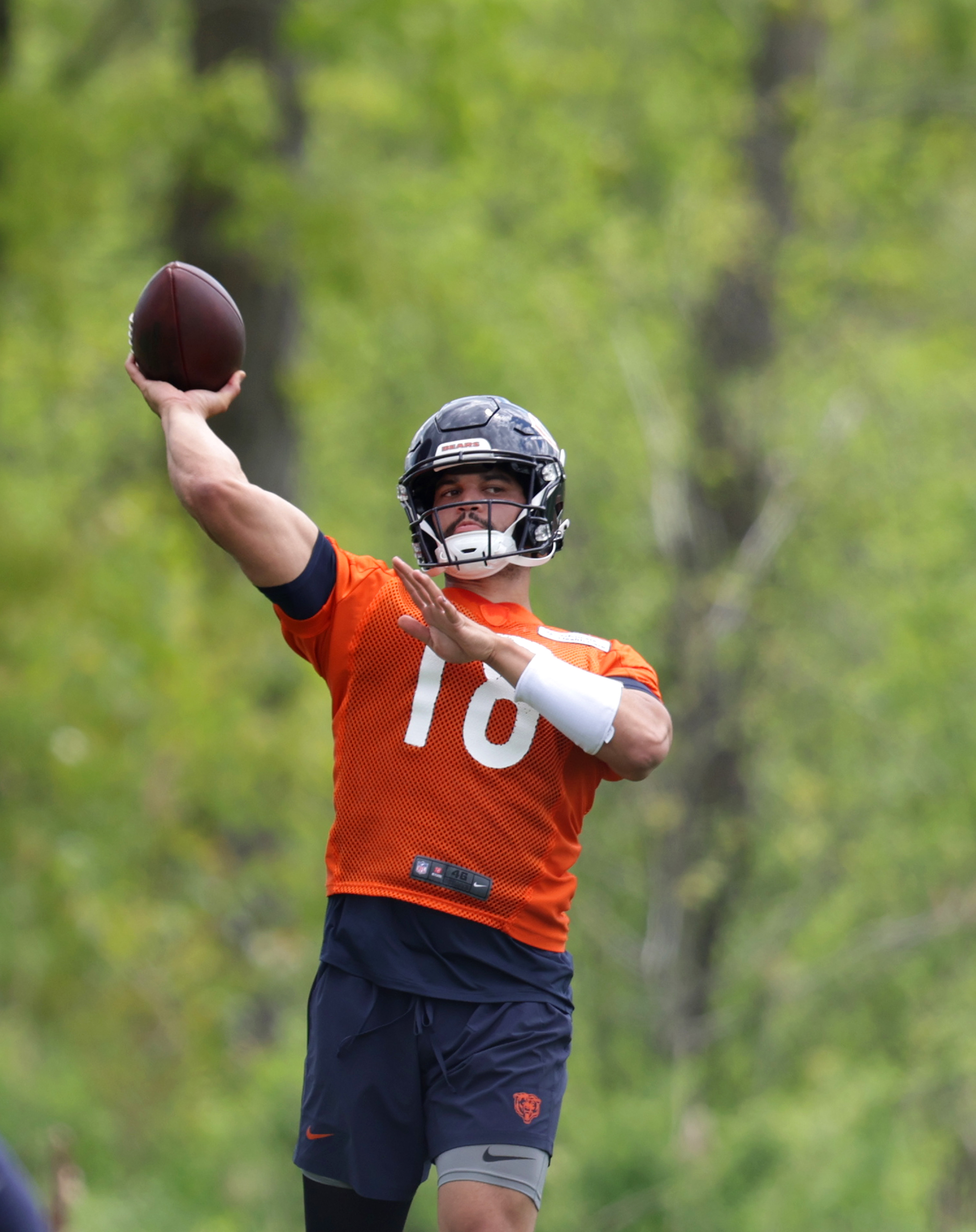 Bears quarterback Caleb Williams throws passes during rookie minicamp on...