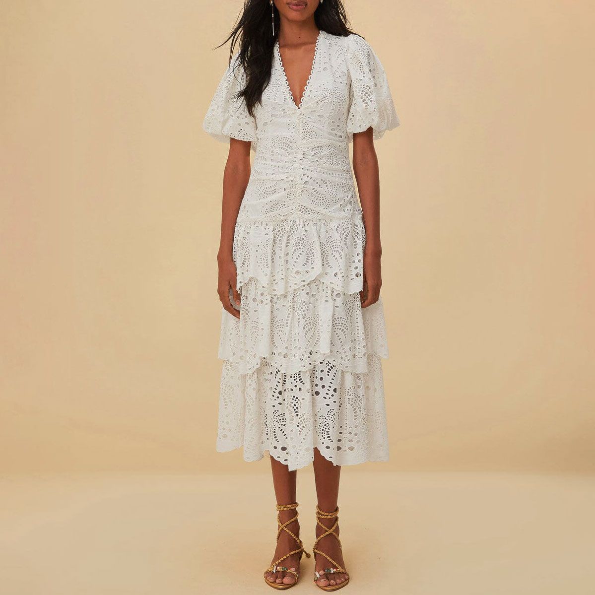 White Cotton Eyelet Puff Sleeve Midi Dress