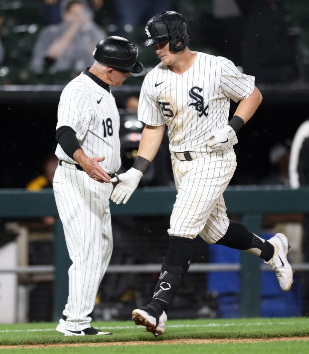 White Sox first baseman Andrew Vaughn (25) heads for the plate after hitting a home run in the seventh inning against the Orioles at Guaranteed Rate Field on May 24, 2024, in Chicago. (John J. Kim/Chicago Tribune)