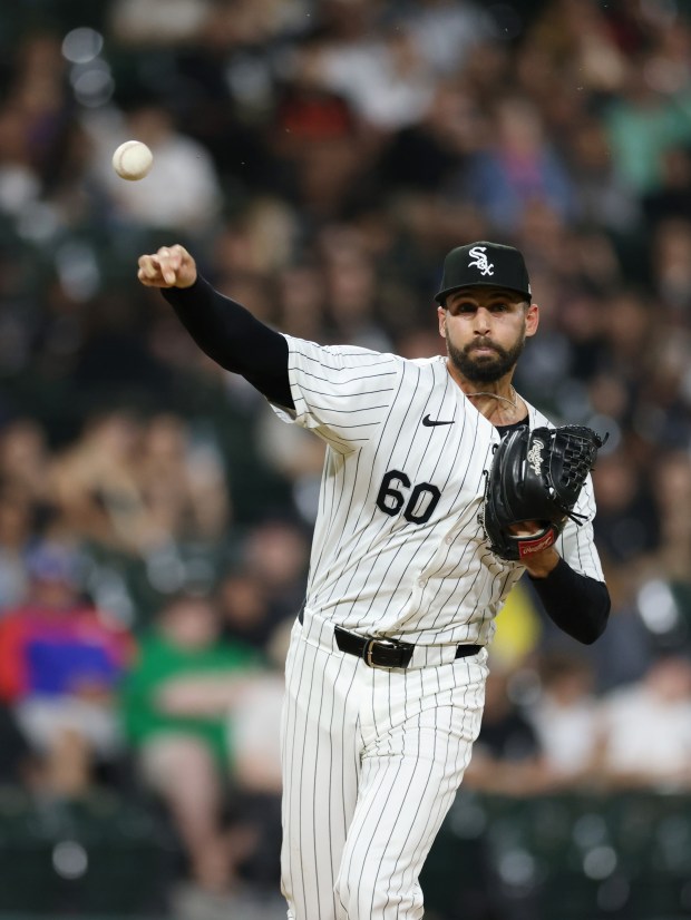 White Sox relief pitcher Justin Anderson throws to first base in the fifth inning against the Orioles at Guaranteed Rate Field on May 24, 2024, in Chicago. (John J. Kim/Chicago Tribune)