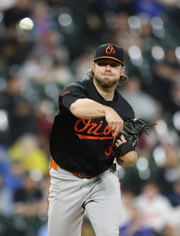 Orioles pitcher Corbin Burnes throws to first base in the fourth inning against the White Sox at Guaranteed Rate Field on May 24, 2024, in Chicago. (John J. Kim/Chicago Tribune)