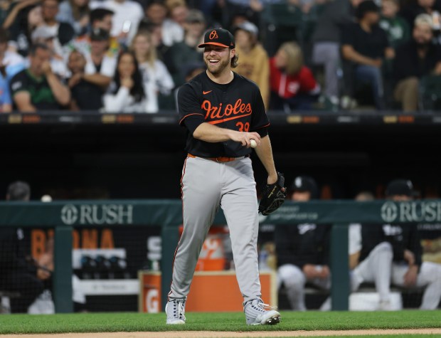 Orioles pitcher Corbin Burnes laughs between pitches in the second inning against the White Sox at Guaranteed Rate Field on May 24, 2024, in Chicago. (John J. Kim/Chicago Tribune)