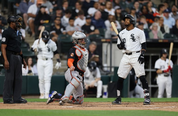 White Sox right fielder Corey Julks (30) looks away after a strike call in the second inning against the Orioles at Guaranteed Rate Field on May 24, 2024, in Chicago. (John J. Kim/Chicago Tribune)