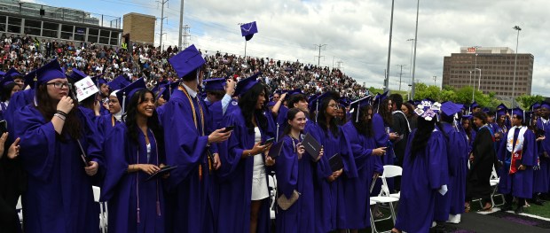 No major cap toss here except for this one and maybe one other at graduation at Niles North High School on May 27, 2024 in Skokie.(Karie Angell Luc/Pioneer Press)