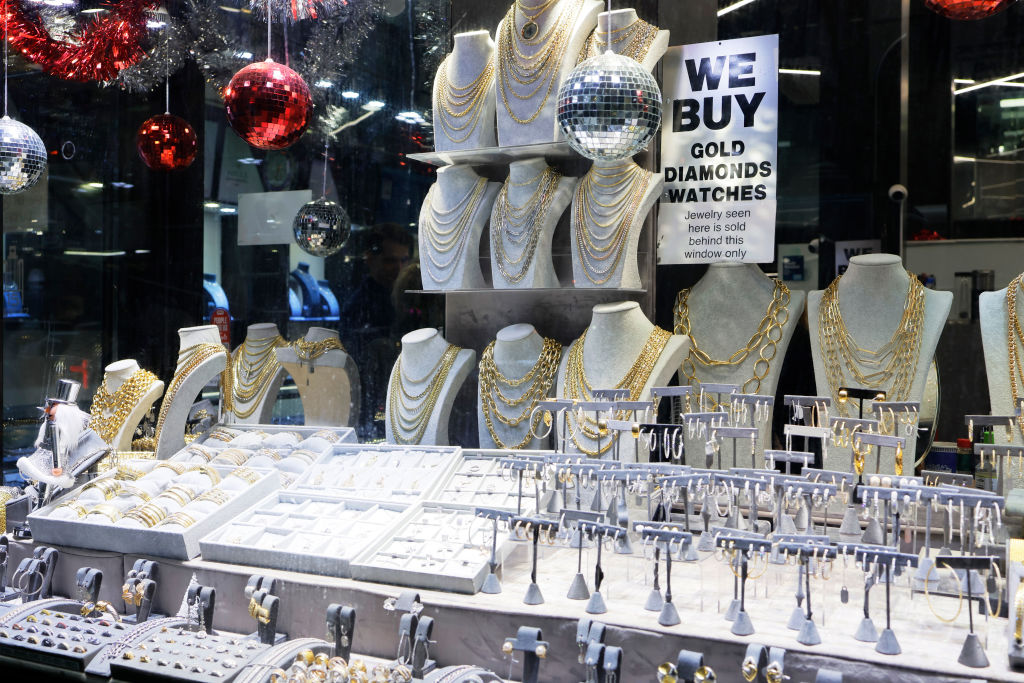 The display case of a jewelry store seen in the Diamond District on Dec. 4, 2023