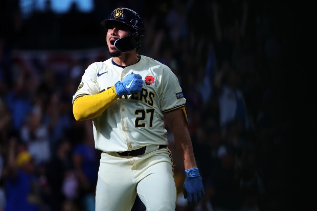 Willy Adames of the Brewers celebrates a three-run home run against the Cubs during the eighth inning at American Family Field on May 27, 2024 in Milwaukee. (Stacy Revere/Getty Images)