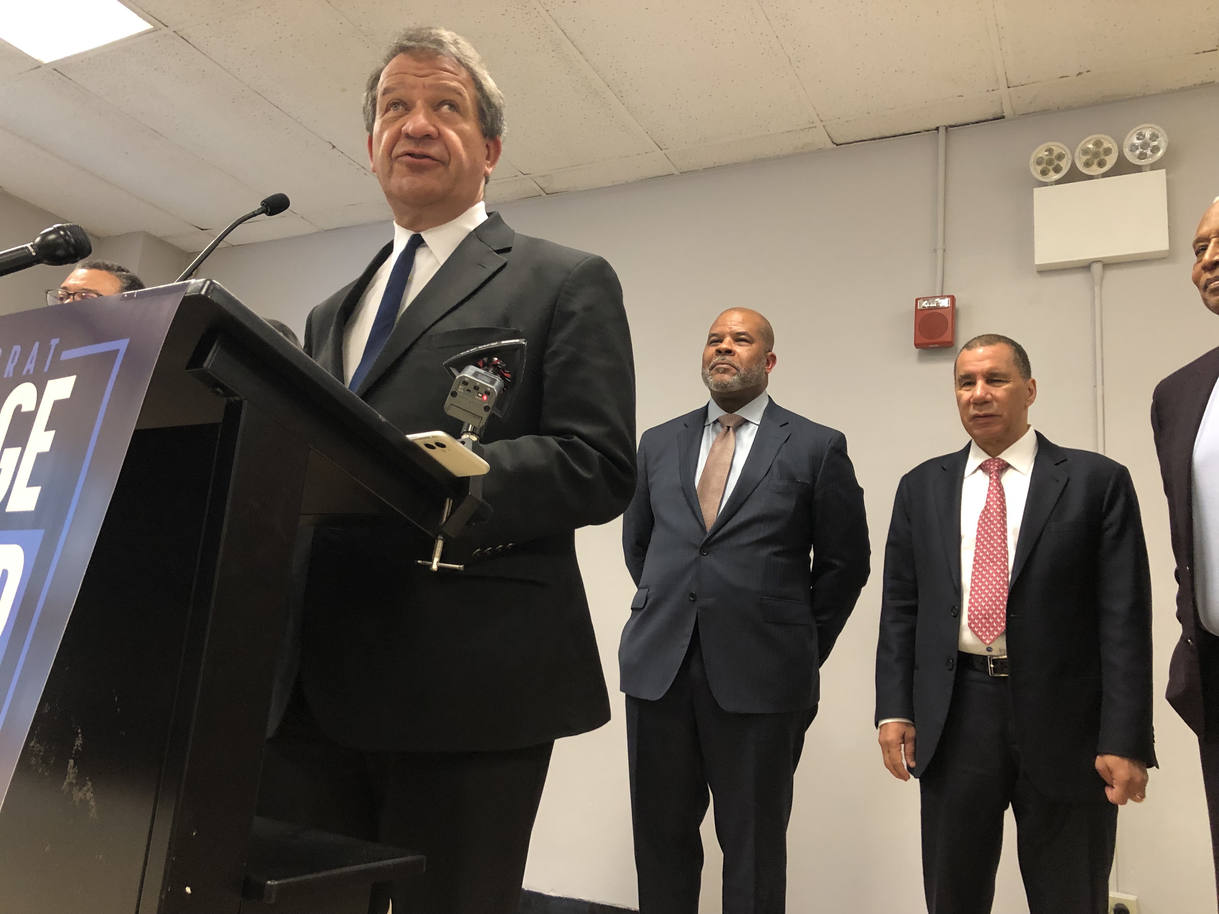 Westchester County Executive George Latimer speaks at an event at Co-op City where former New York Gov. David Paterson (right) endorsed him on April 3, 2024.