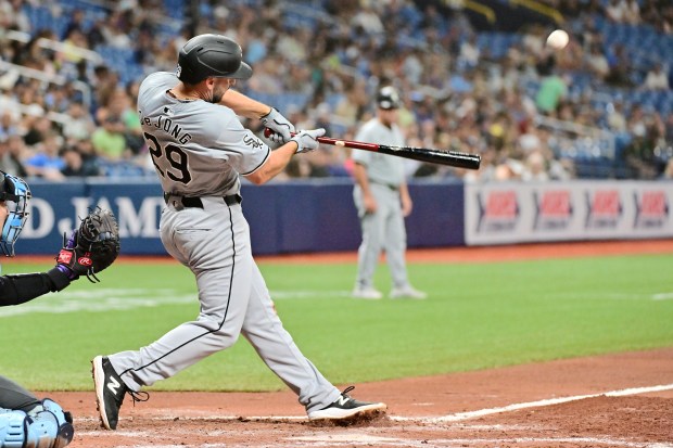 Paul DeJong #29 of the Chicago White Sox hits a two-run home run in the fifth inning against the Tampa Bay Rays at Tropicana Field on May 08, 2024 in St Petersburg, Florida. (Photo by Julio Aguilar/Getty Images)