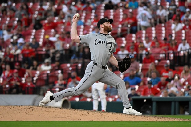 White Sox reliever John Brebbia pitches against the Cardinals during the 10th inning Saturday, May 4, 2024, in St. Louis. (AP Photo/Jeff Le)