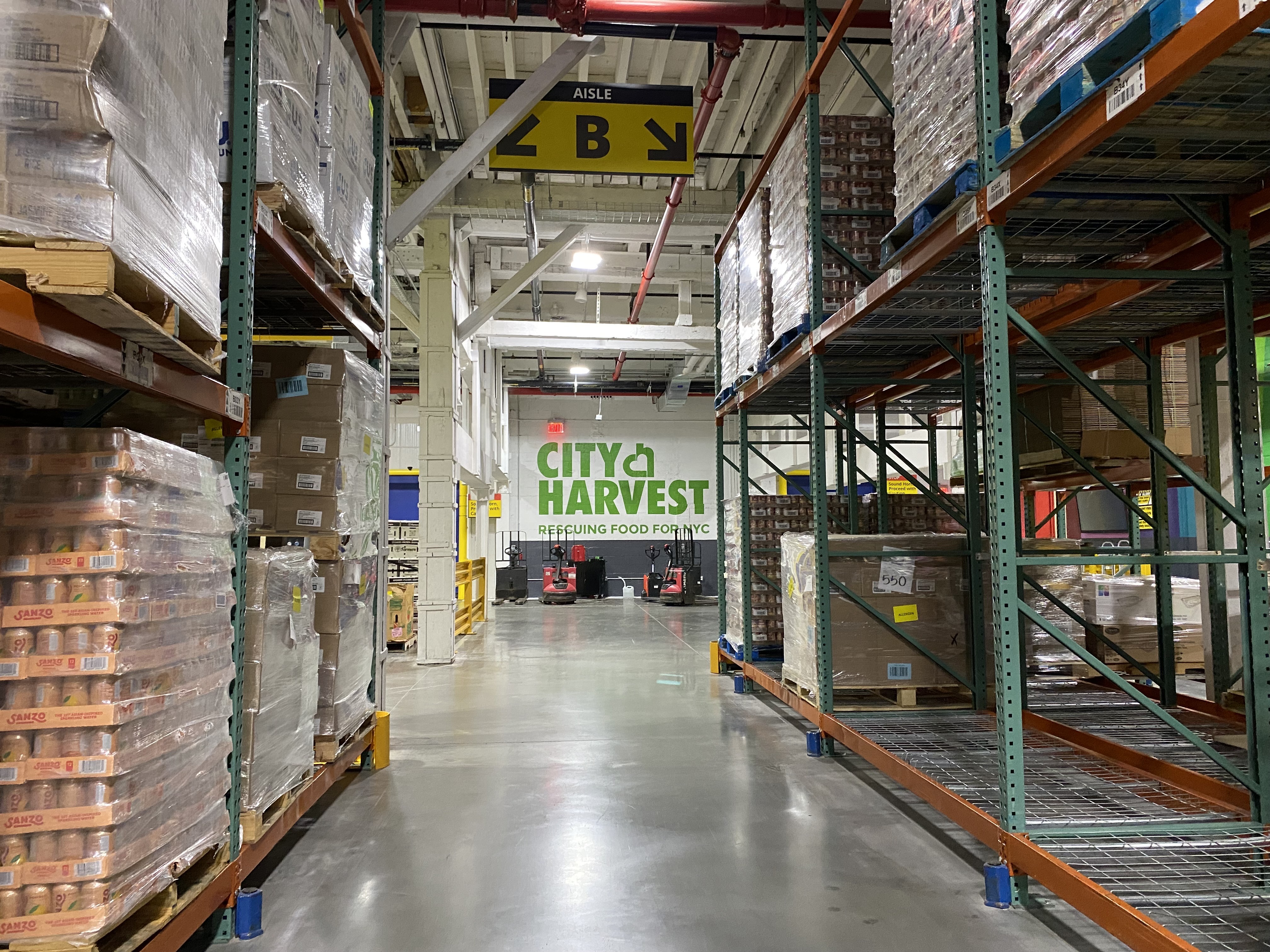 The City Harvest warehouse in Sunset Park on Thursday, where cans of drinks and food are wrapped on palates.