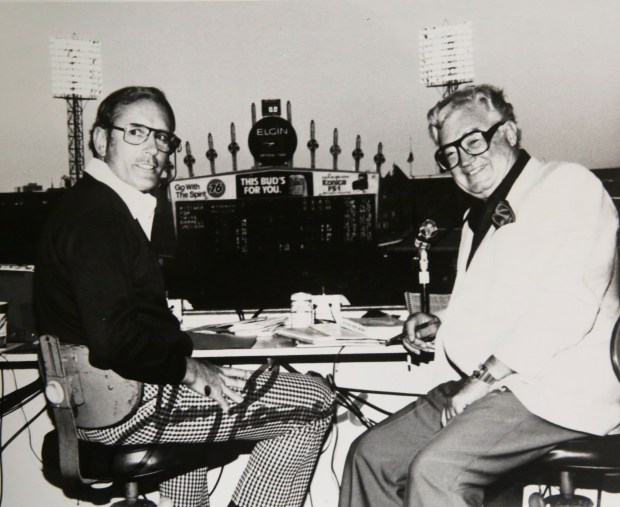 Jimmy Piersall, left, and Harry Caray in the announcers booth at Comiskey Park in 1981. (Handout)