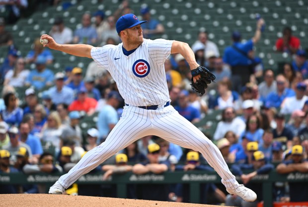 Cubs starter Jameson Taillon pitches during the first inning against the Brewers on Saturday, May 4, 2024, at Wrigley Field. (Nuccio DiNuzzo/Getty Images)