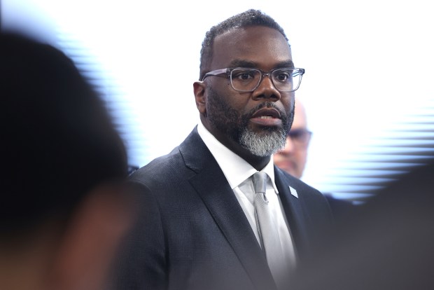 Mayor Brandon Johnson speaks to reporters in Chicago on April 4, 2024. As the Democratic National Convention approaches, Bodies Outside of Unjust Laws filed a federal lawsuit Thursday alleging the city wrongfully denied permits for the group to protest near the Water Tower. (Antonio Perez/Chicago Tribune)