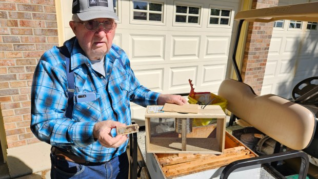 Robert White of Batavia, who has been practicing beekeeping as a hobby for over 70 years, shows off the box that the queen bee lives in while in the hive. (David Sharos / For The Beacon-News)