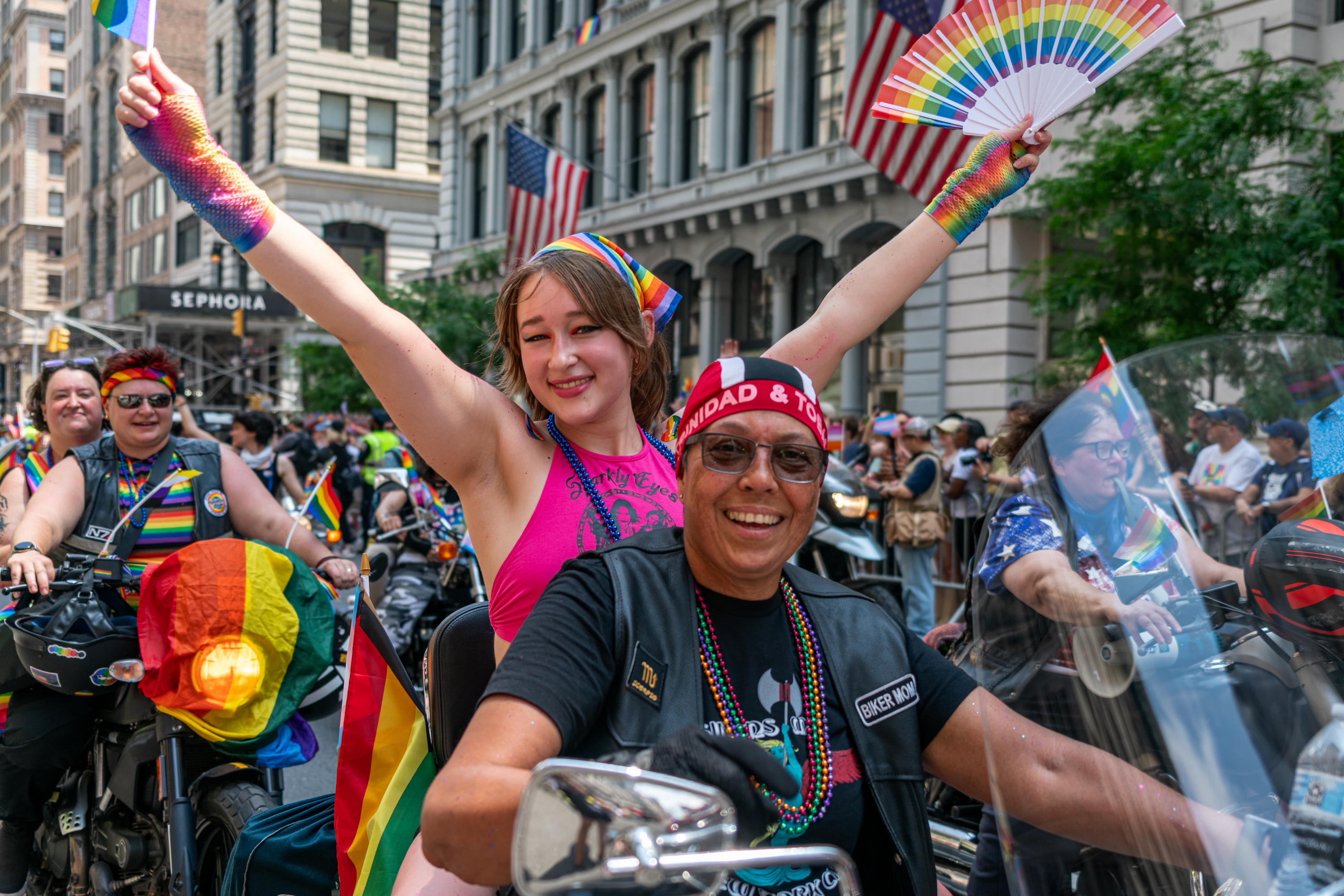 Ladies from an all women's motorcycle club riding in the NYC Pride March.